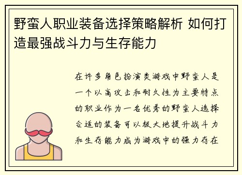野蛮人职业装备选择策略解析 如何打造最强战斗力与生存能力