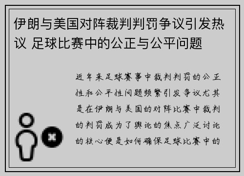 伊朗与美国对阵裁判判罚争议引发热议 足球比赛中的公正与公平问题